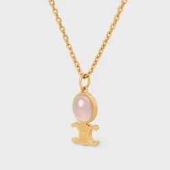 Triomphe Indie Small Necklace in Brass with Gold Finish and Pink Quartz
