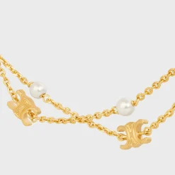 Triomphe Pearl Double Necklace in Brass with Gold Finish and Resin Pearls
