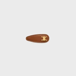 Triomphe Snap Hair Clip in Calfskin, Brass with Gold Finish and Steel