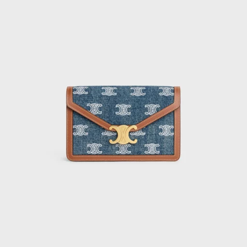 WALLET ON CHAIN MARGO in DENIM WITH TRIOMPHE ALL-OVER EMBROIDERY AND CALFSKIN