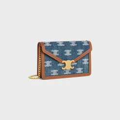 WALLET ON CHAIN MARGO in DENIM WITH TRIOMPHE ALL-OVER EMBROIDERY AND CALFSKIN