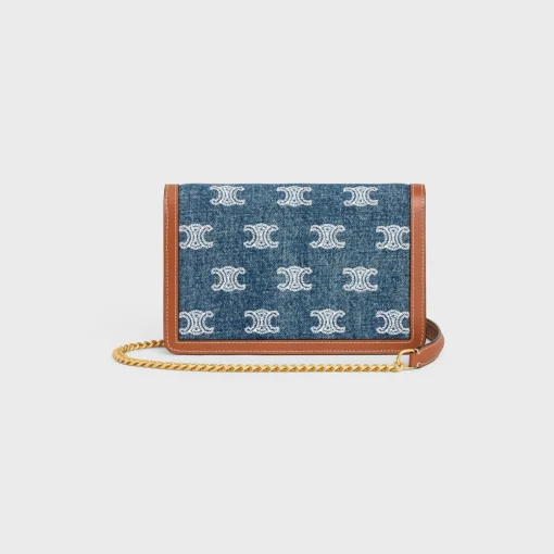 WALLET ON CHAIN MARGO in DENIM WITH TRIOMPHE ALL-OVER EMBROIDERY AND CALFSKIN