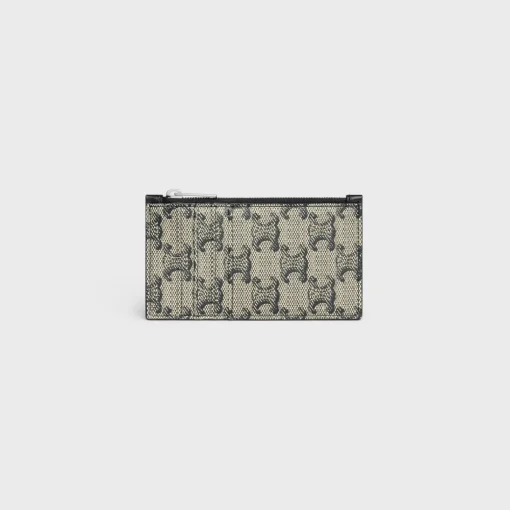 Zipped Compact Card Holder TRIOMPHE CANVAS & CALFSKIN BEIGE