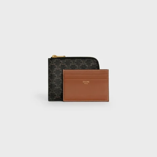 Zipped Purse with removable card holder in Triomphe Canvas and Lambskin